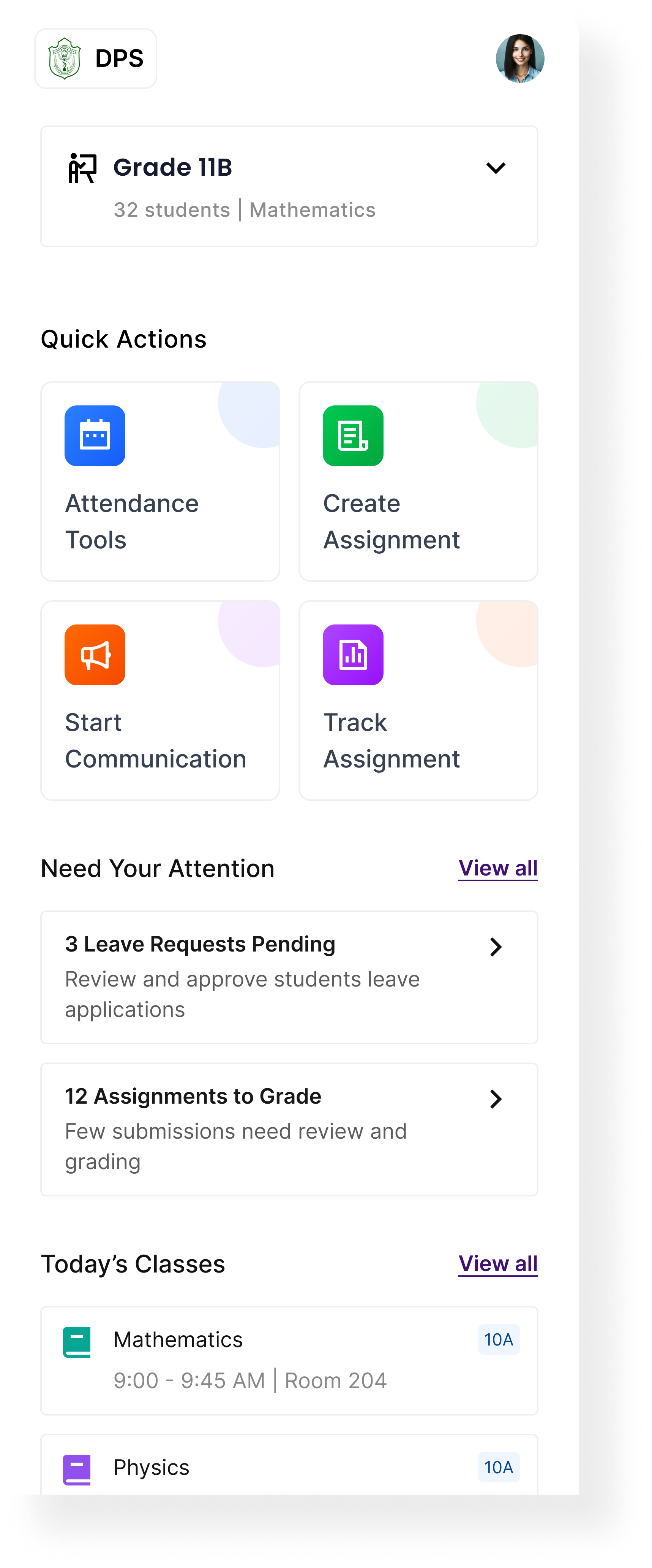 Classroom homepage showing class details, quick actions, pending tasks, and today's schedule.