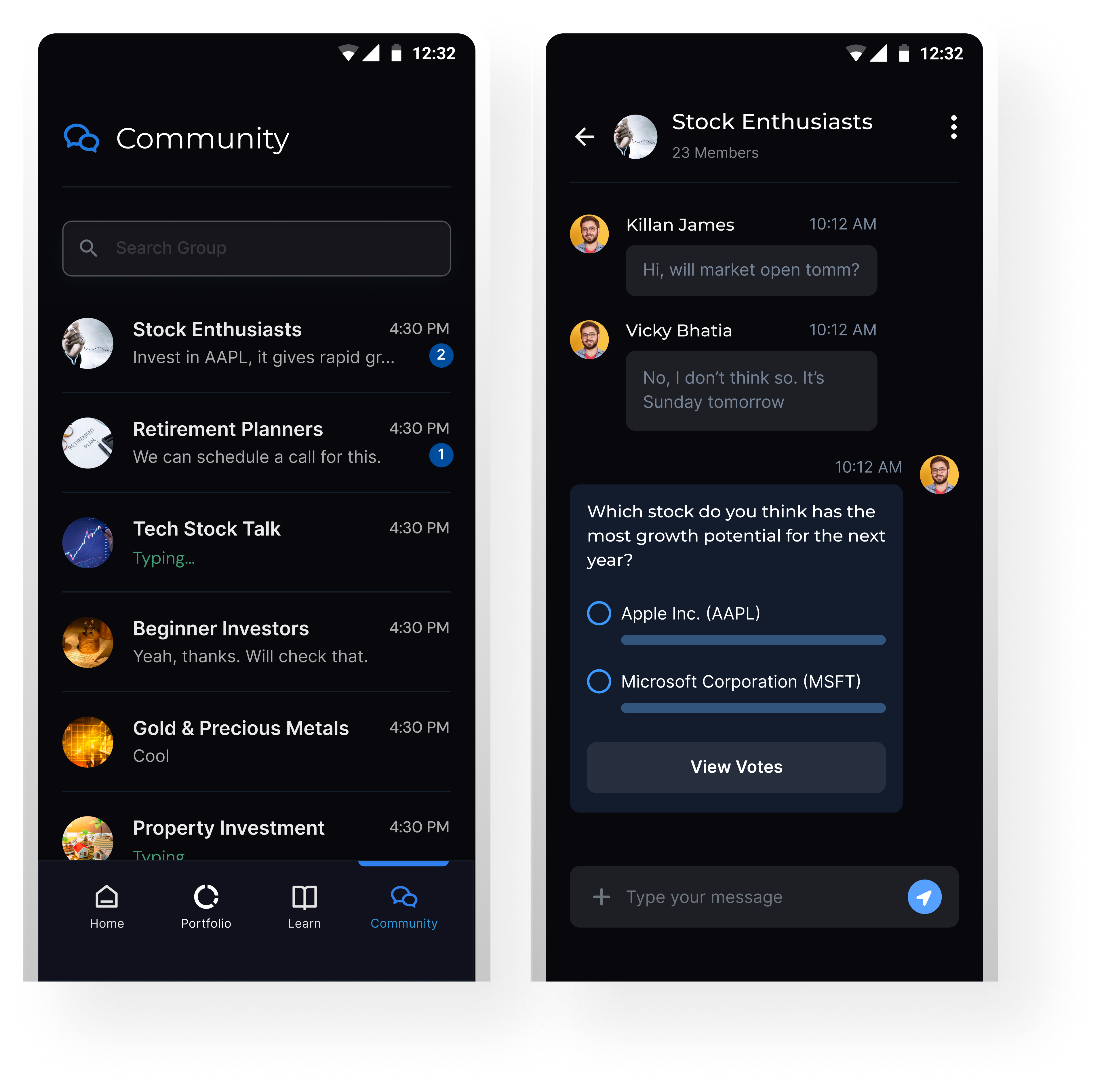 Community screens showing investing groups and an in-chat poll for stock discussion.