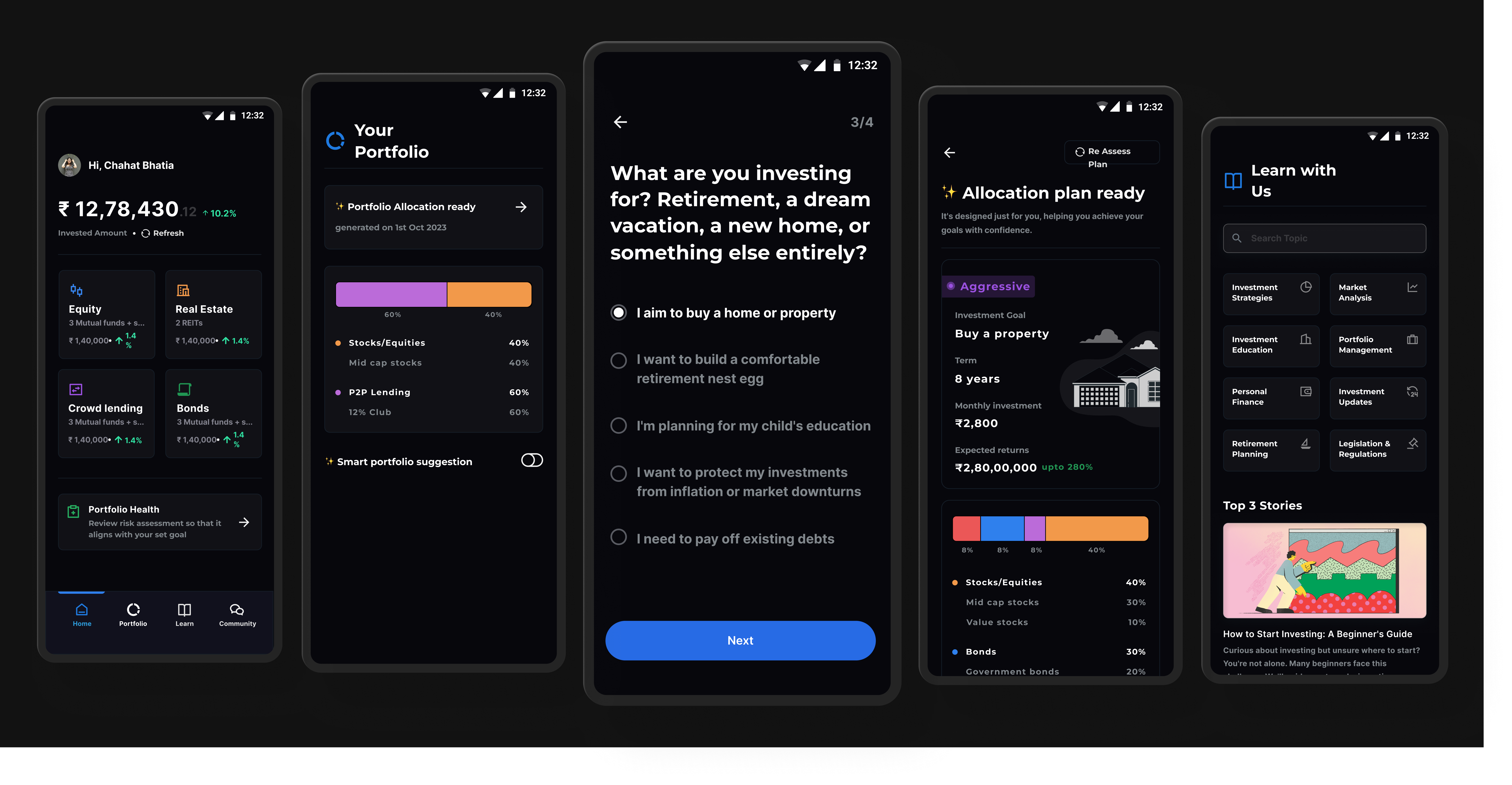 Guided investing project preview showing onboarding and portfolio screens.