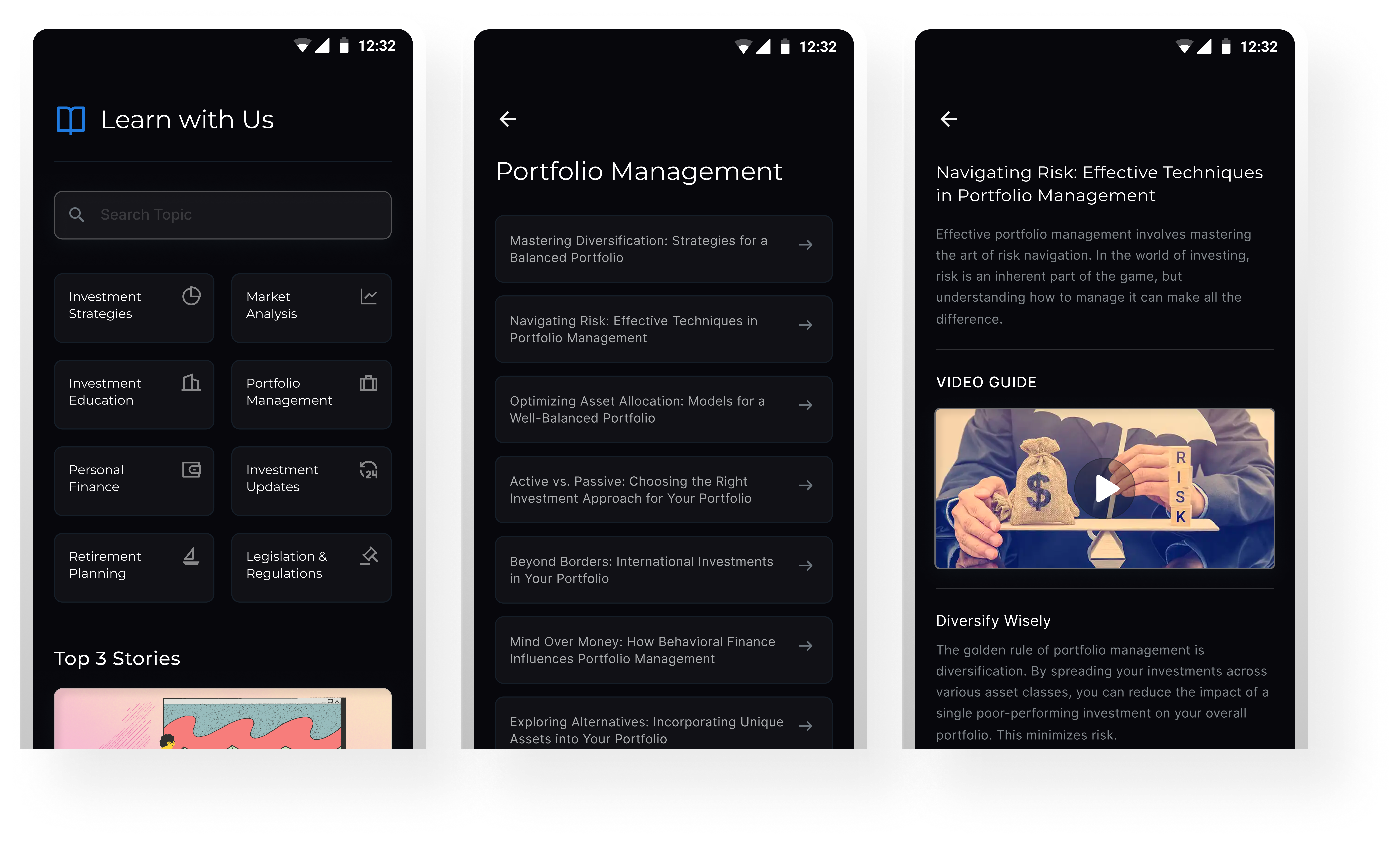 Learn with Us screens showing education categories, portfolio management articles, and video guide content.