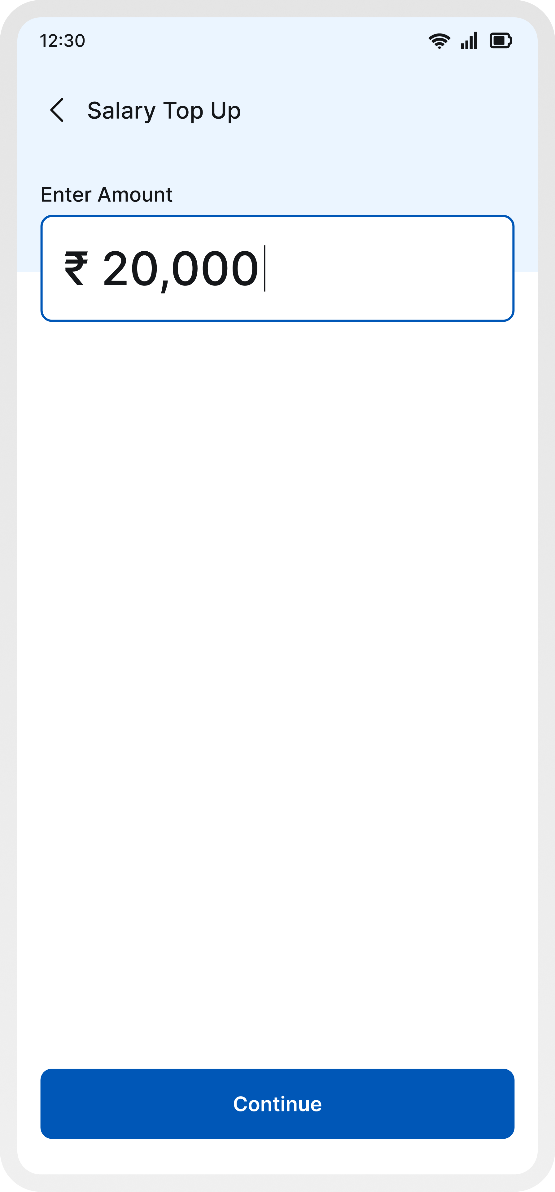 Old salary top up screen with amount entry and continue button