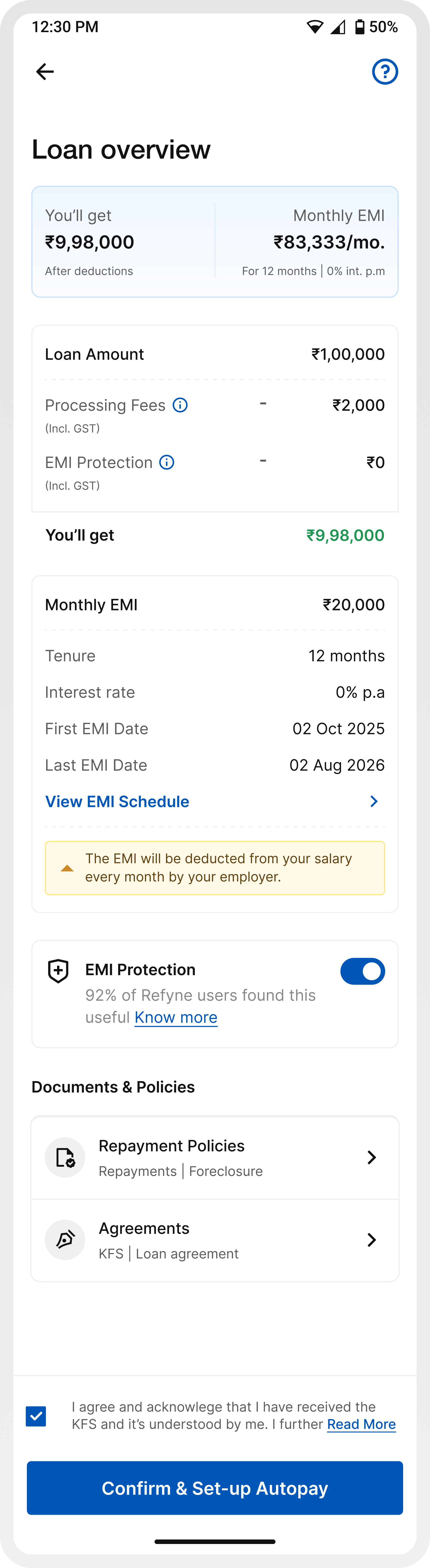 Redesigned loan overview screen