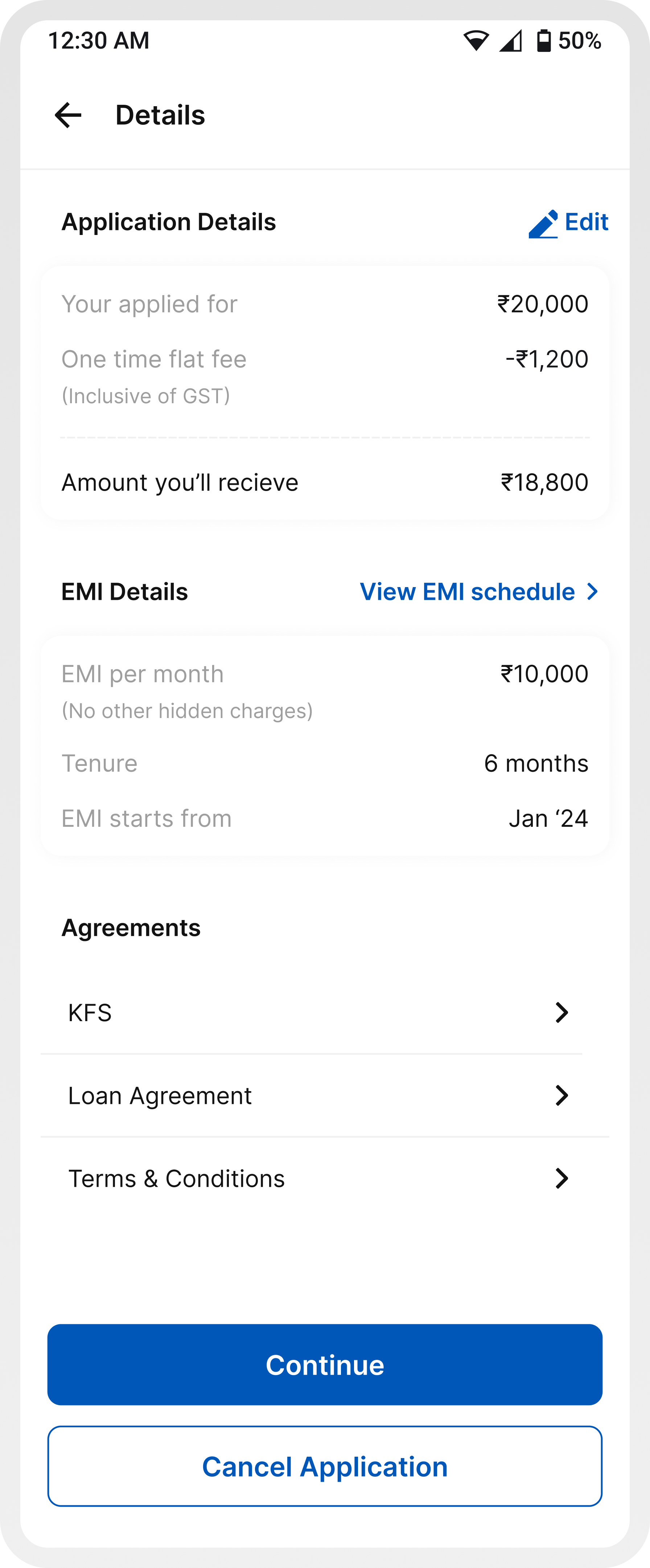 Old loan overview screen