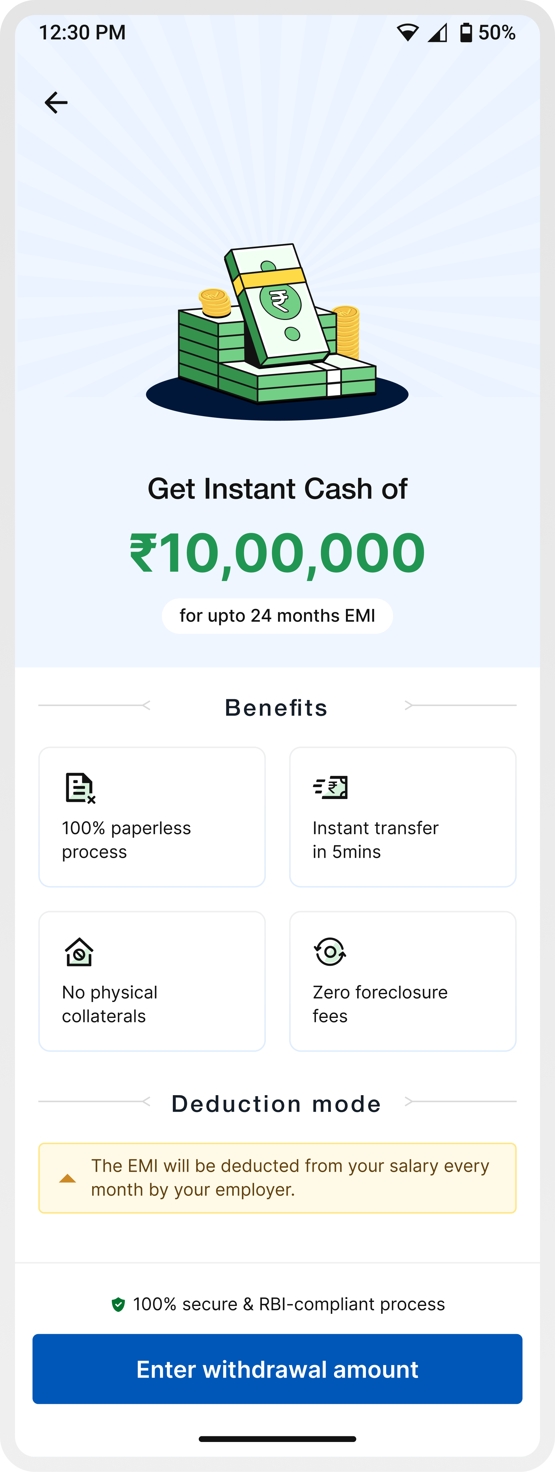 Salary advance landing page showing amount, benefits, deduction mode, and withdrawal CTA