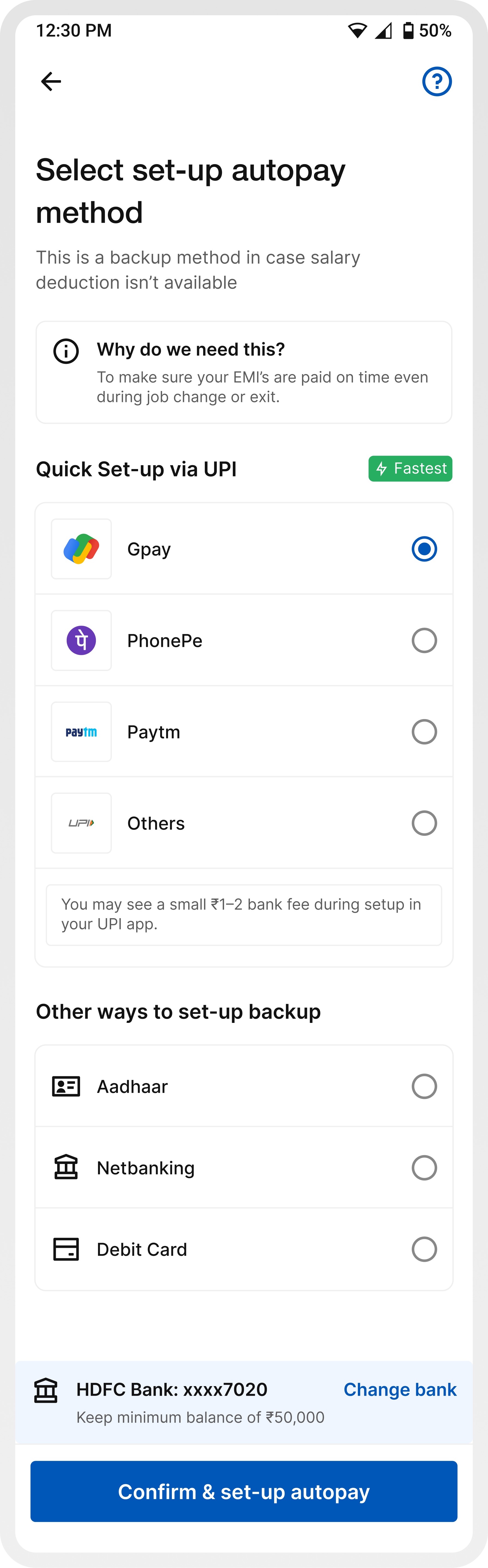 Redesigned setup autopay screen
