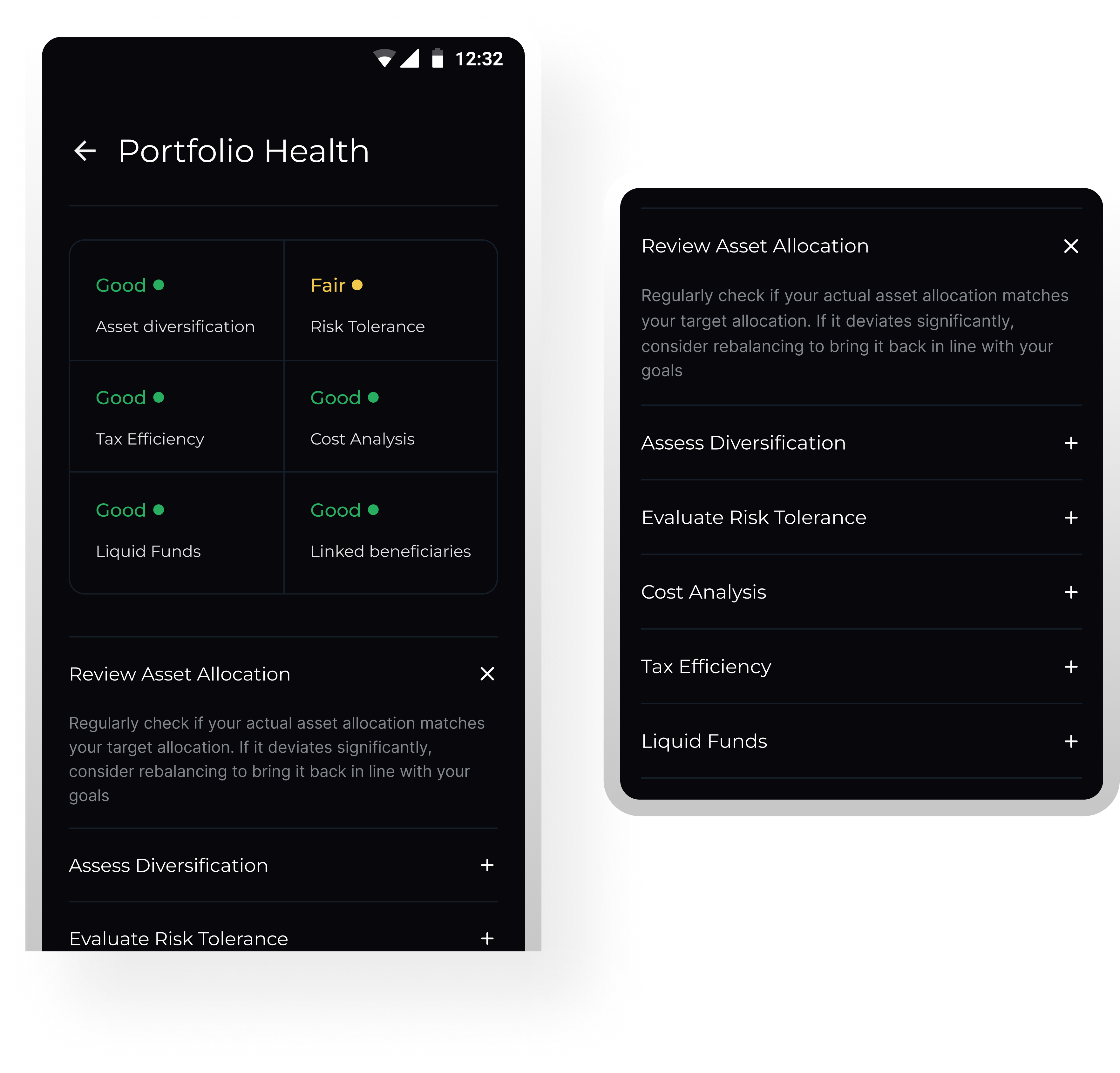 Portfolio Health screens showing financial wellness signals and expandable guidance.