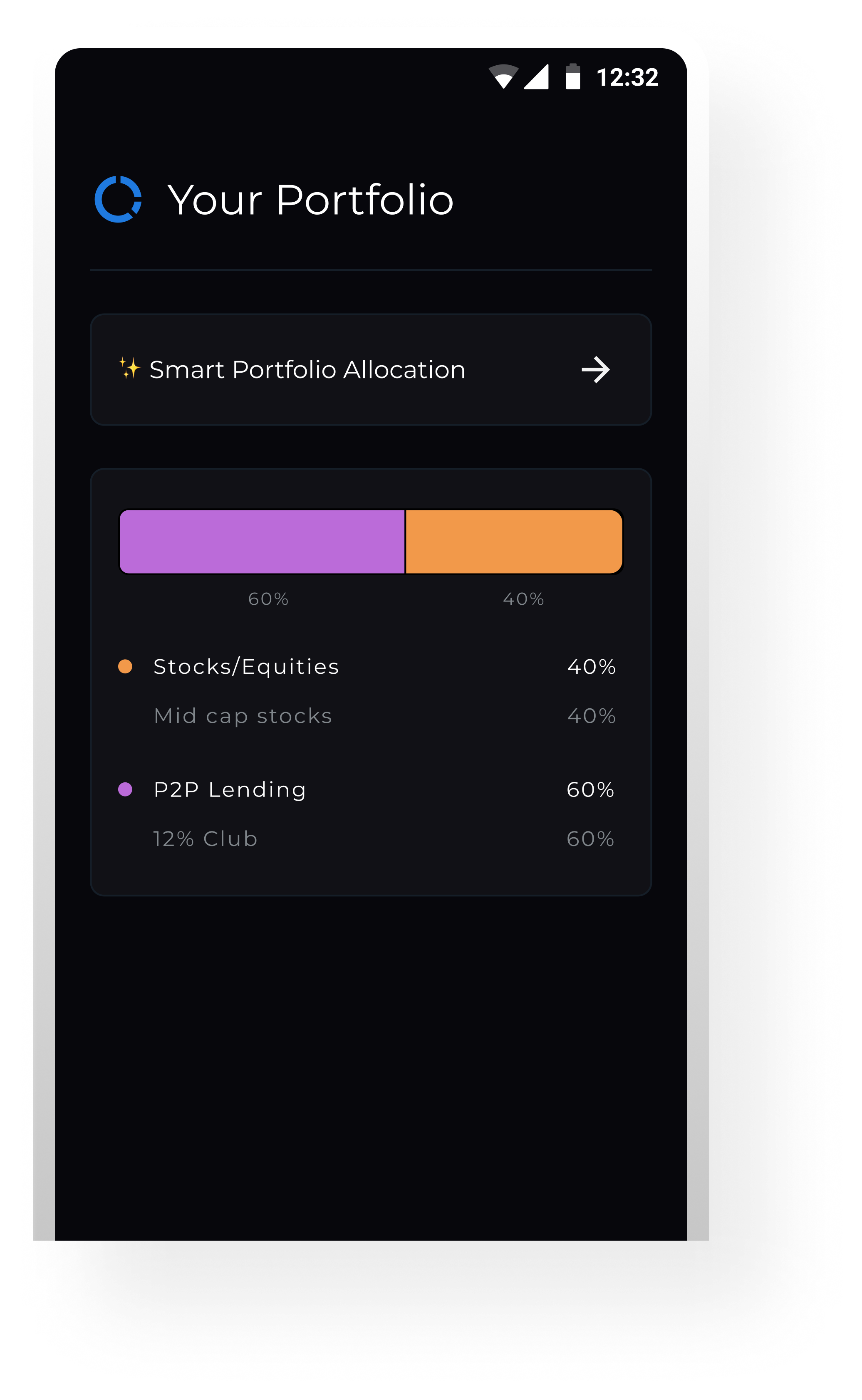 Your Portfolio screen showing portfolio allocation and smart portfolio allocation CTA.