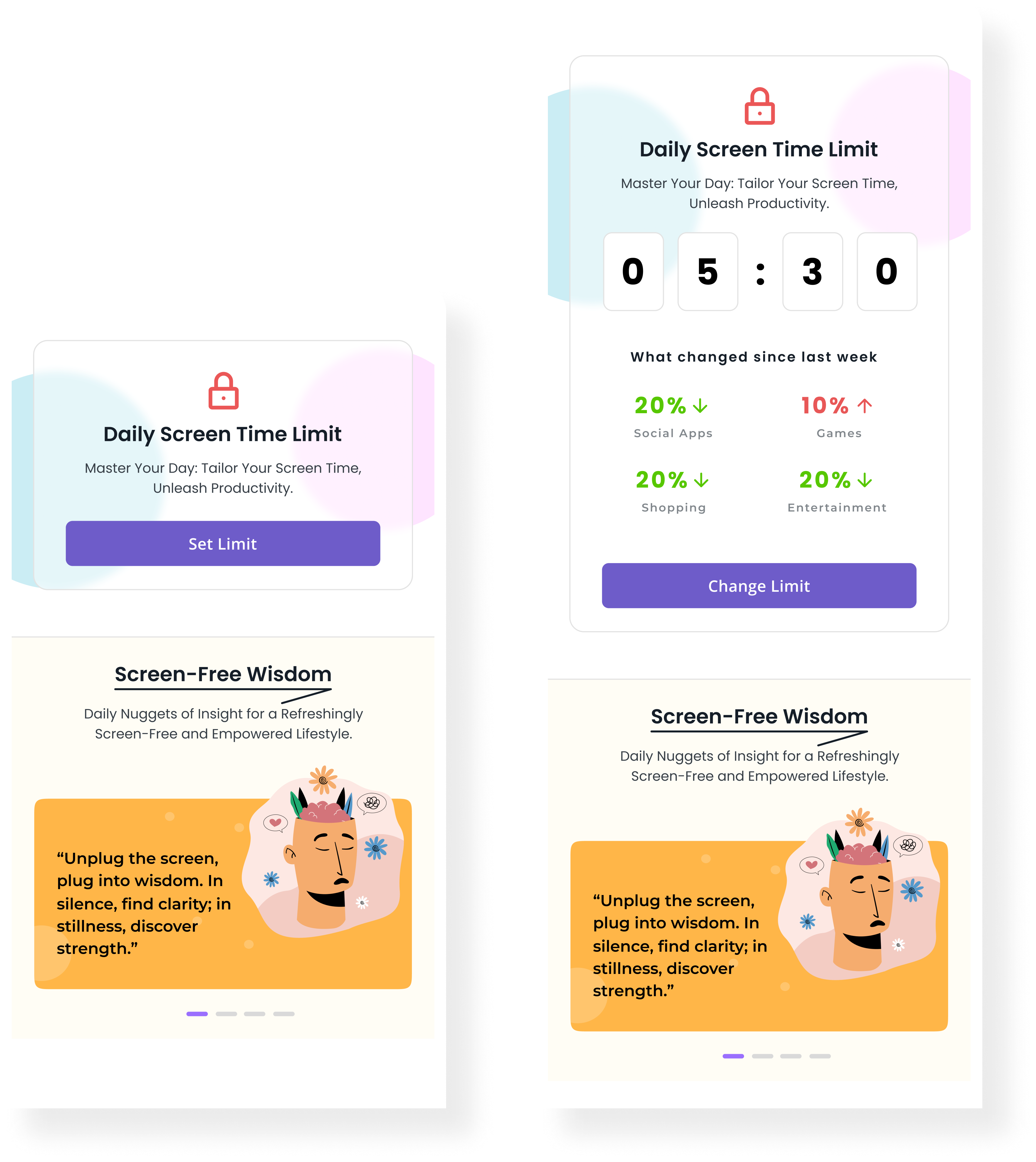 Screen limit and weekly challenge mobile mockups shown side by side.