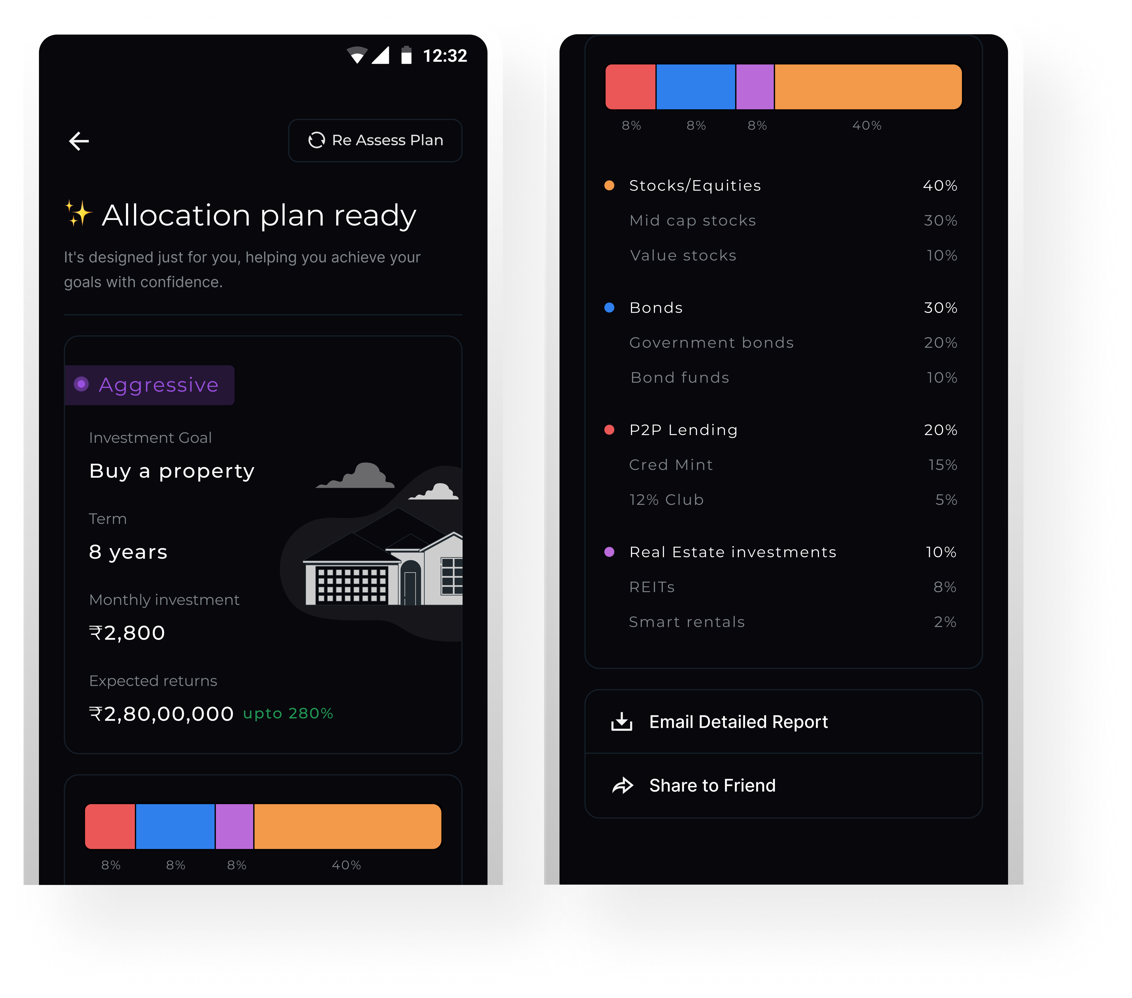 Smart Portfolio allocation plan screens showing portfolio allocation and smart suggestions.