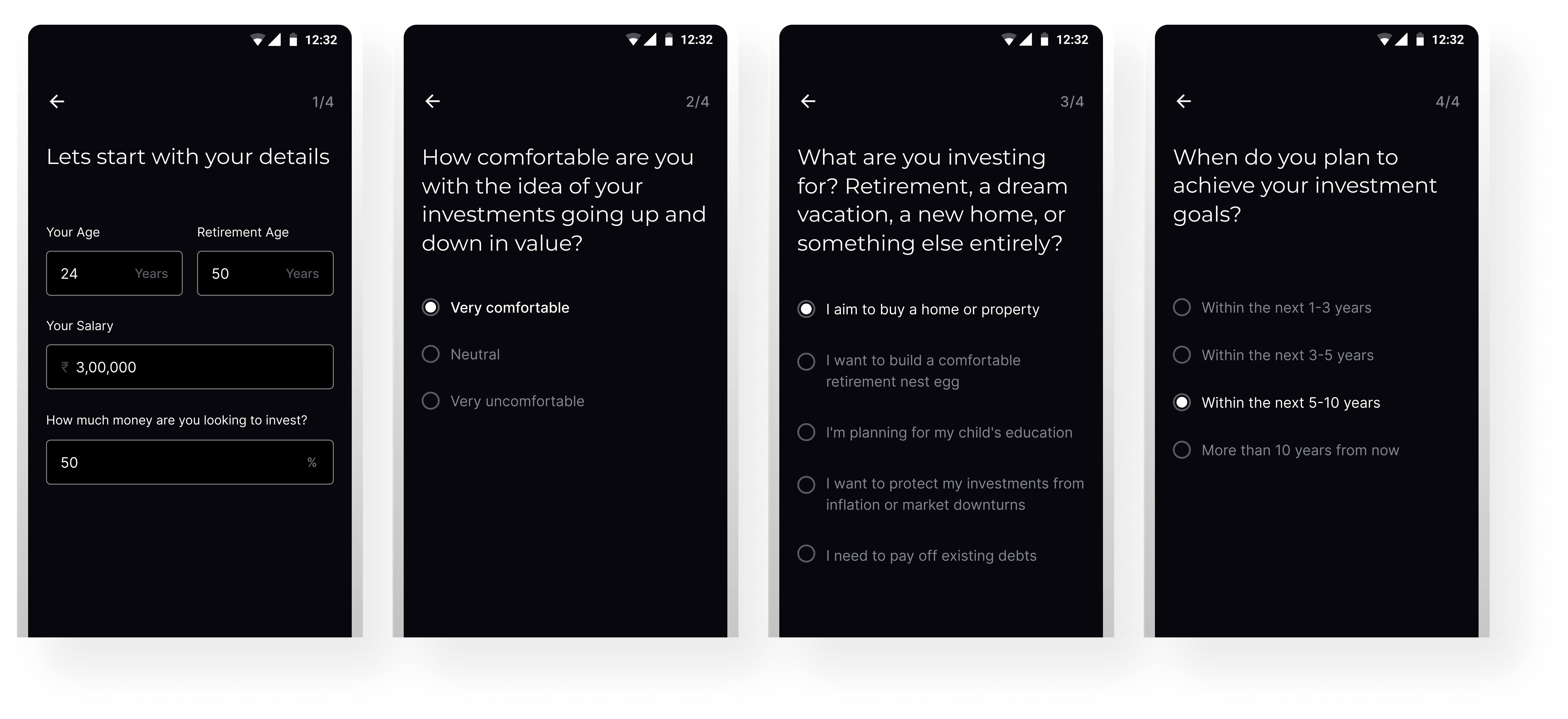 Smart Portfolio Creation form flow across four mobile onboarding screens.
