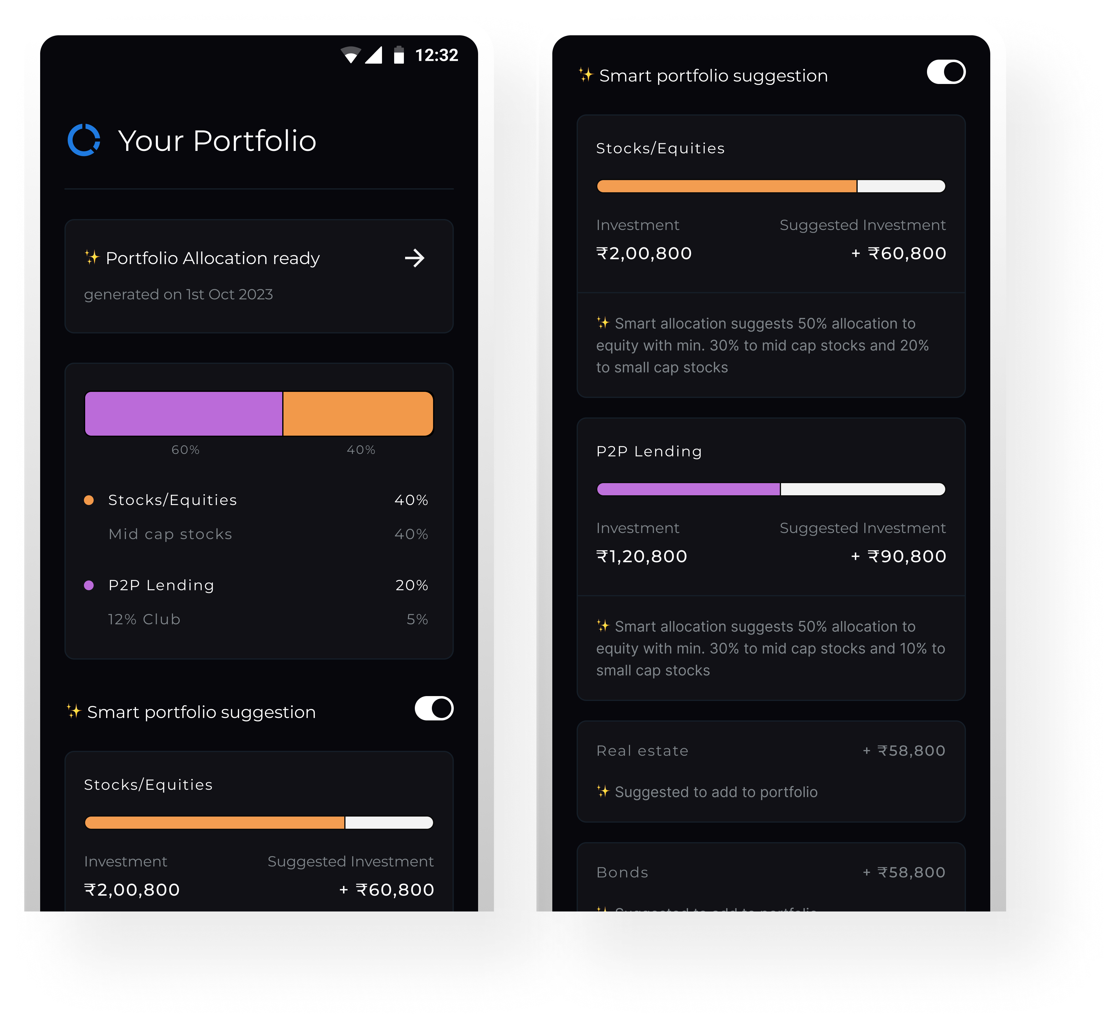 Smart Portfolio Suggestion screens showing current and suggested allocation recommendations.