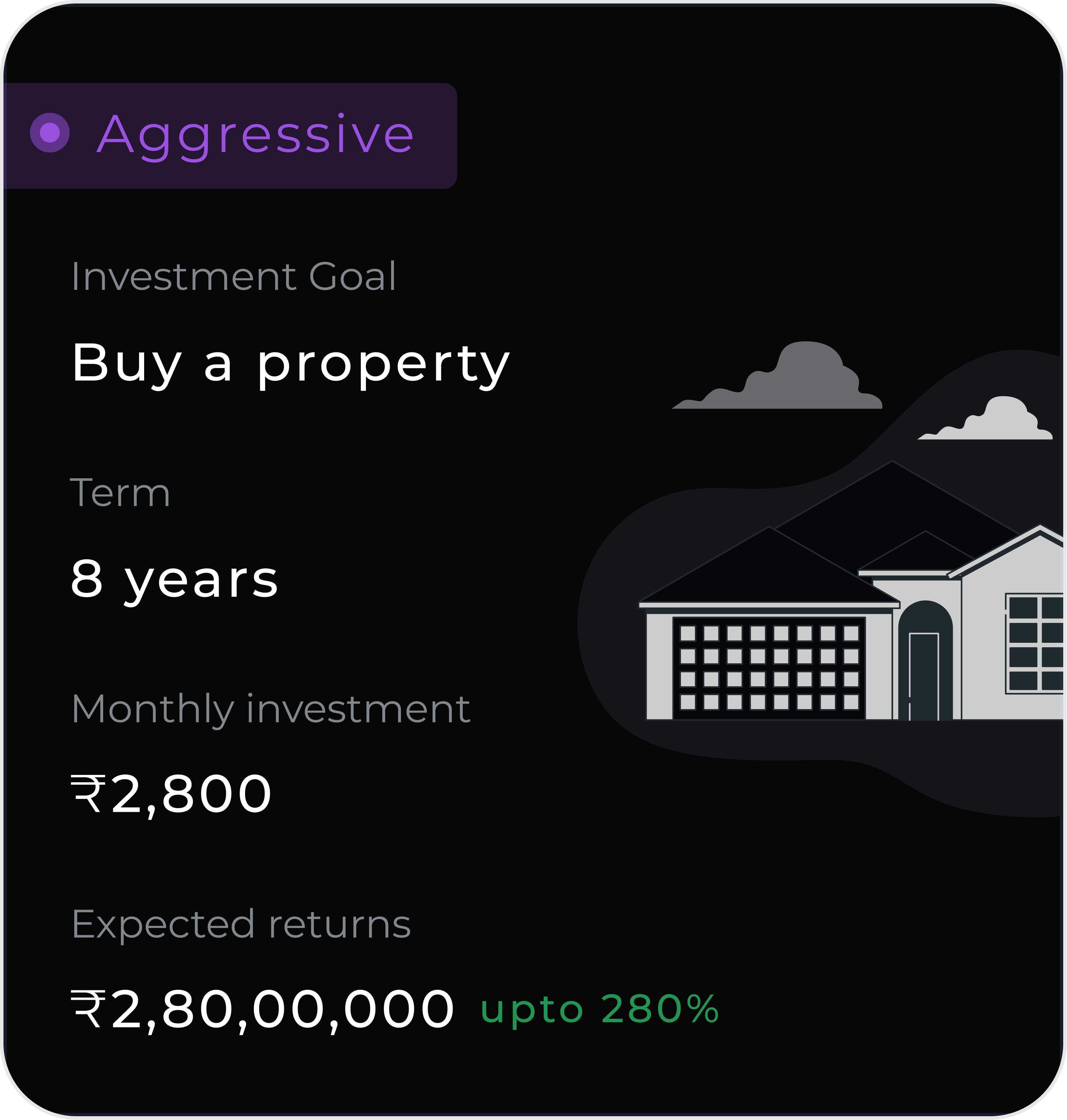 Investment goal screen showing a guided property investment plan with term, monthly investment, and expected returns.