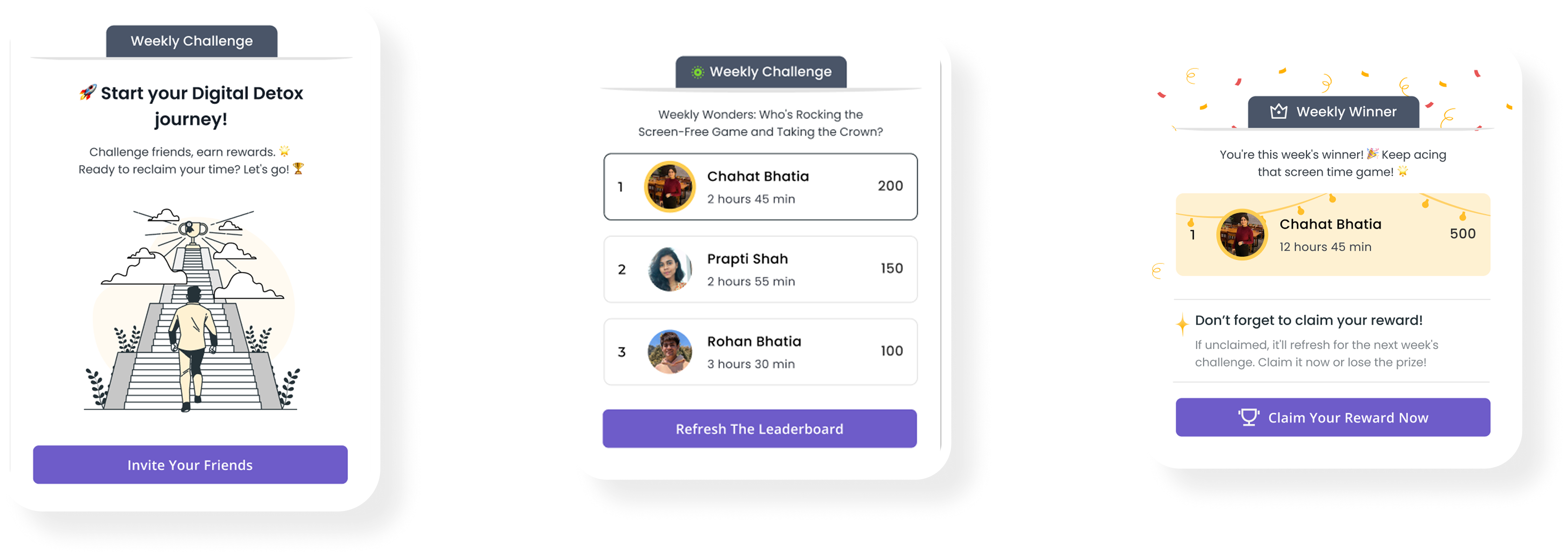 Weekly challenge screens showing invite flow, leaderboard progress, and winner reward states.